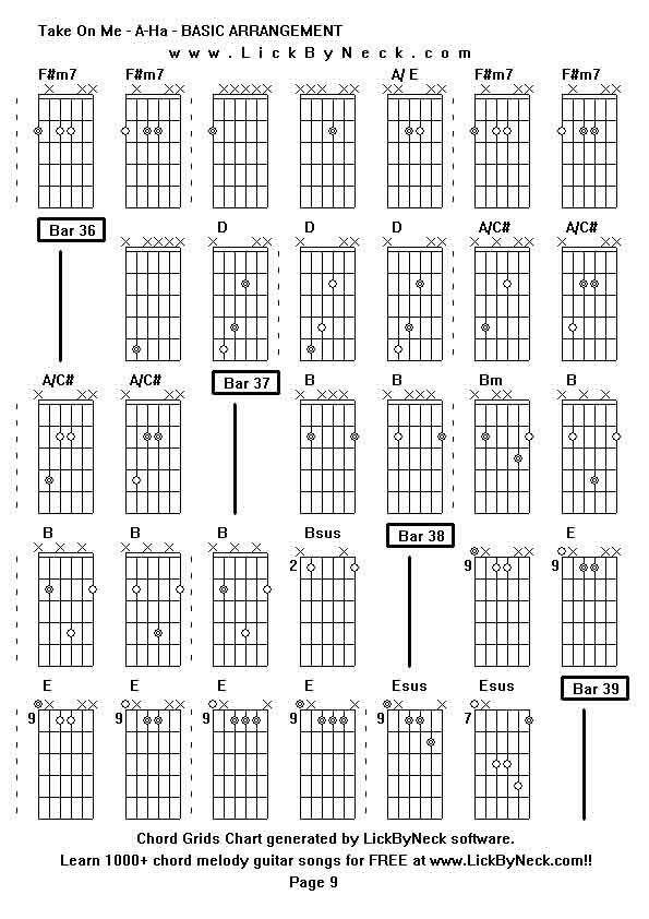 Chord Grids Chart of chord melody fingerstyle guitar song-Take On Me - A-Ha - BASIC ARRANGEMENT,generated by LickByNeck software.